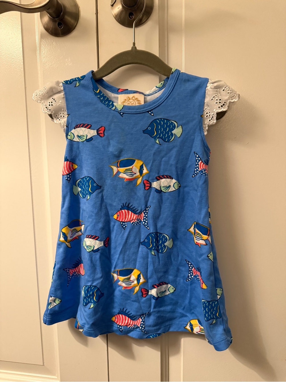 The Beaufort Bonnet Company Blue Fish Print Dress with Lace Sleeves